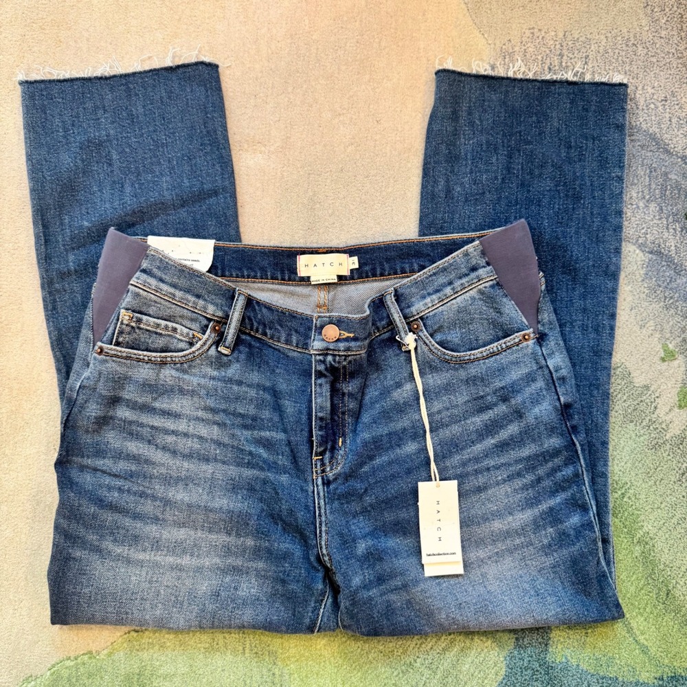 Hatch The Crop Maternity Jeans Indigo Under Belly Kick Flare Raw Hem 31 E102802